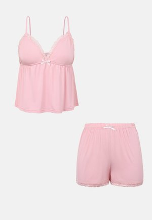 Conjunto de pijama de dos piezas para mujer en rosa claro, con ribete de encaje, un lazo en el escote del camisón y pantalones cortos con cintura elástica y un lazo en la parte delantera.