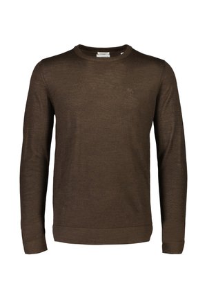 Brun tröja med långa ärmar i mjukt tyg, med rund halsringning och ribbade muddar och nederkant. Diskret logotypdetalj på bröstet.