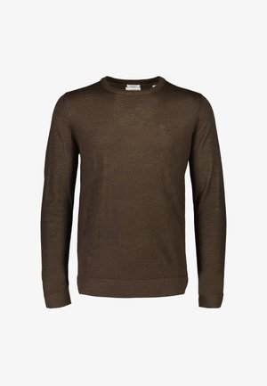 Ruskea pitkähihaisuus neule pehmeästä kankaasta, pyöreällä kaula-aukolla sekä resorikahvoilla hihansuissa ja helmassa. Hienovarainen logo rinnassa.