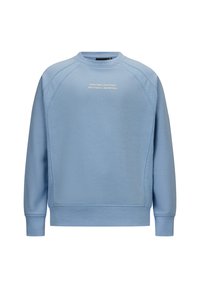 Felpa azzurra chiara con collo a girocollo a coste, maniche raglan, dettagli testurizzati e testo ricamato sul davanti.