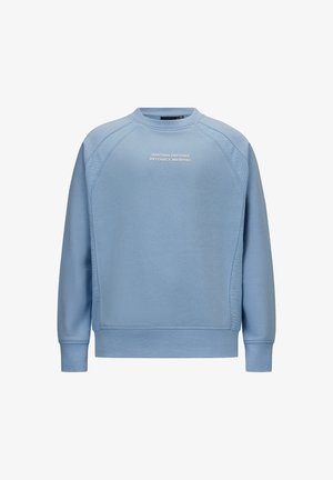 Lichtblauw sweatshirt met een geribde ronde hals, raglanmouwen, textuurelementen en geborduurde tekst aan de voorkant.
