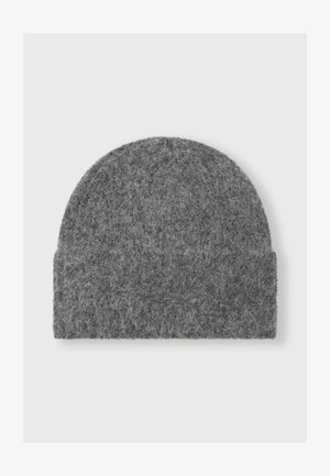 Grijze wollen beanie met een ronde top en een omgevouwen rand aan de onderkant. Geverfde oppervlakte met een zachte, fuzzy uitstraling.