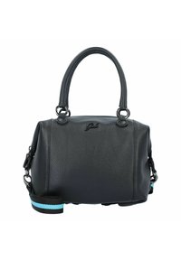 Borsa a mano in pelle nera con finitura texturizzata, forma rotonda, doppi manici e una tracolla a strisce staccabile in blu e nero.