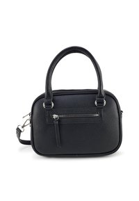 Zwarte leren handtas met textuur, afgeronde handvatten, een voorvak met ritssluiting en een afneembare schouderriem.