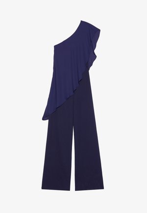 Marineblauwe één-schouder jumpsuit met een rimpeldesign aan de linkerkant. Wijde pijpen; zachte, lichte stof.