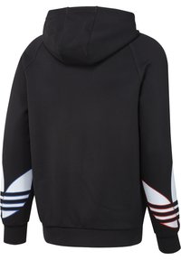 Felpa nera con cappuccio regolabile, caratterizzata da grandi accenti bianchi, blu e rossi sulle maniche e orlo a costine.