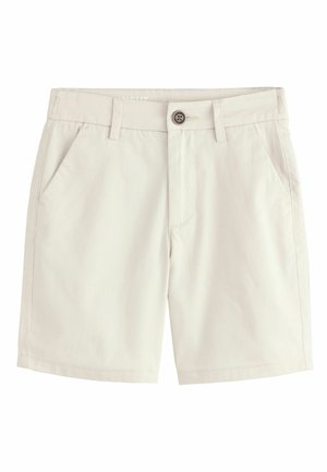 Beige afslappede shorts med knaplukning, bæltestropper og sidelommer, vist på hvid baggrund.