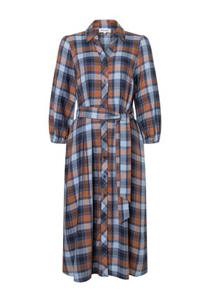 Langärmliges, knöpfbares Kleid mit blau-orange-grauem Karomuster und passendem Stoffgürtel, der an der Taille gebunden wird.
