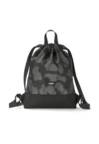 Rucsac cu siret de culoare neagră, cu un model texturat negru. Partea superioară din material textil, cu un fund solid negru. Dispune de bretele ajustabile și un patch cu logo.