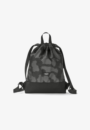 Drawstring backpack in black with a textured black pattern. Fabric upper with a solid black bottom. Features adjustable straps and a logo patch.