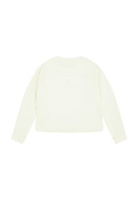 Sudadera de color crema, de manga larga y cuello redondo. Presenta una costura horizontal en la parte posterior y en el dobladillo inferior. Textura de tela suave.