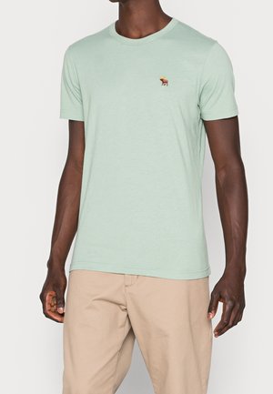 Mand iført en lysegrøn t-shirt med korte ærmer med en lille broderet elg-logo på brystet og beige bukser.