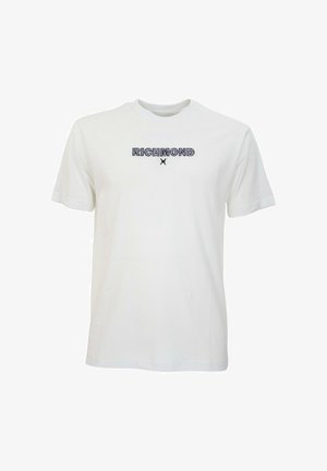 T-shirt bianca in cotone con la scritta nera "RICHMOND" in un carattere bold, maniche corte e design a girocollo. Texture liscia.