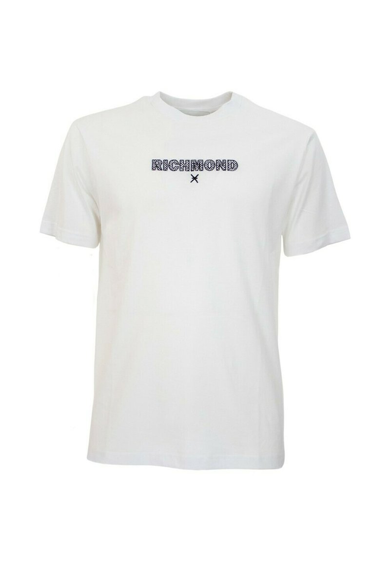 T-shirt bianca in cotone con la scritta nera "RICHMOND" in un carattere bold, maniche corte e design a girocollo. Texture liscia.