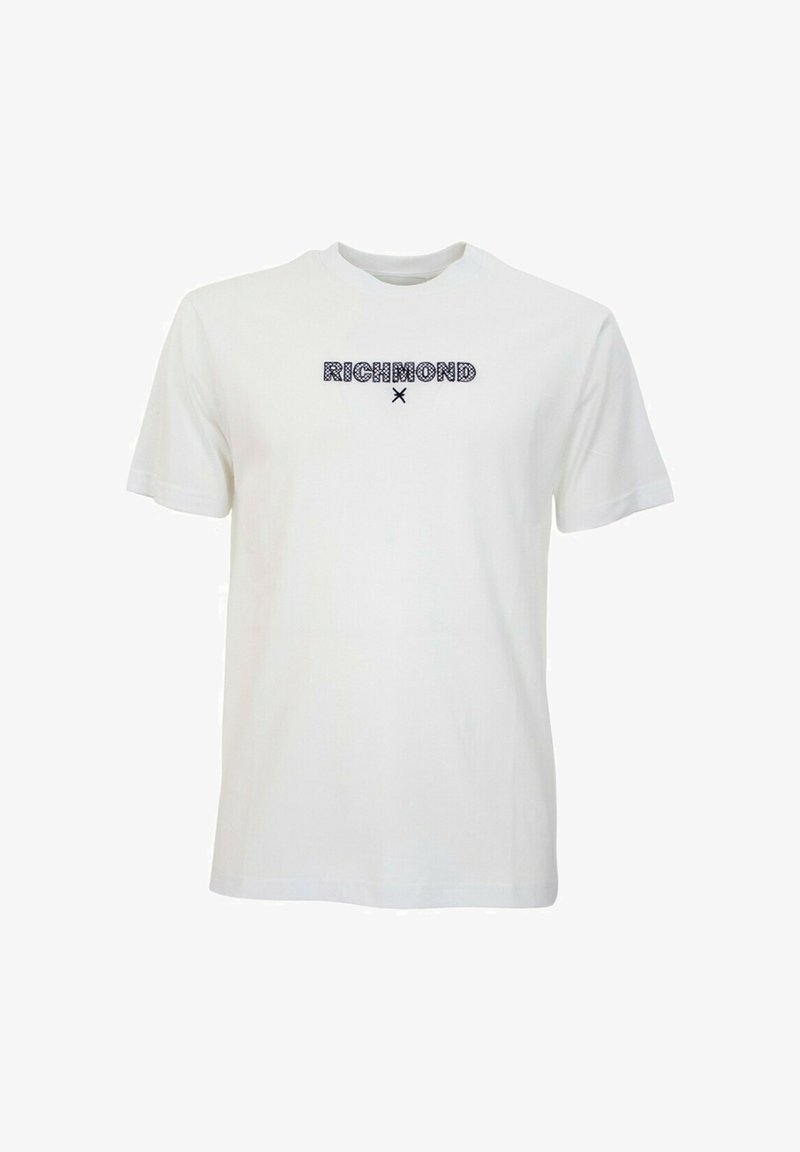 T-shirt bianca in cotone con la scritta nera "RICHMOND" in un carattere bold, maniche corte e design a girocollo. Texture liscia.