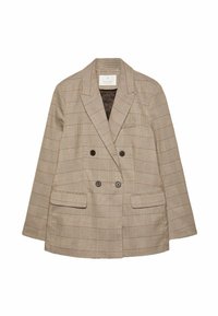 Blazer doppiopetto beige con motivo a quadri marroni e rossi, rever a scollatura, due tasche anteriori con patte e quattro bottoni neri.