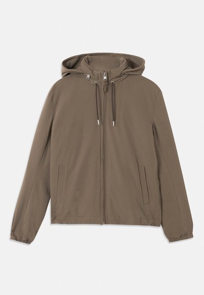 Brun hættejakke med lynlås, elastiske manchetter og to sidelommer. Glat tekstur med et simpelt, minimalistisk design.