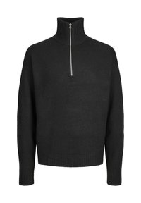 Czarny dzianinowy sweter z wysokim kołnierzem, z przodu zapinany na zamek błyskawiczny oraz z żebrowanymi mankietami. Faktura wydaje się miękka i przytulna.