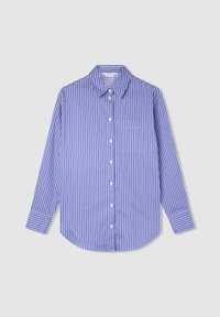 Camicia a maniche lunghe a righe verticali blu e bianche con colletto classico, tasca frontale e chiusura con bottoni. Materiale in cotone.