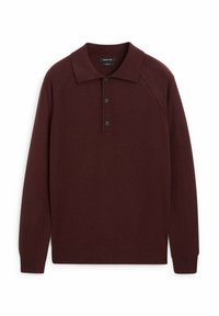 Bordeaux lange mouwen polo trui met een geribbelde zoom, een placket met drie knopen en zachte, gestructureerde stof. Heeft een klassiek kraagontwerp.