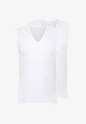 Hvide, ærmeløse undertrøjer med V-udskæring; lavet af tekstureret stof; to stykker vist med glatte kanter og uden synlige logoer.