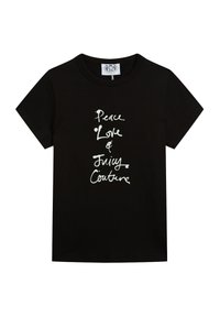 Zwarte katoenen t-shirt met korte mouwen. Bevat witte handgeschreven tekst: "Peace Love & Juicy Couture." Ronde halslijn, ontspannen pasvorm.