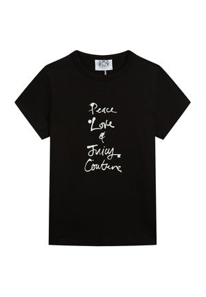 Schwarzes Baumwoll-T-Shirt mit kurzen Ärmeln. Verfügt über weißen handgeschriebenen Text: "Frieden Liebe & Juicy Couture." Rundhalsausschnitt, lässige Passform.