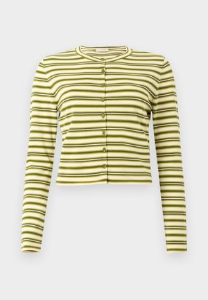 Long-sleeve cropped cardigan with horizontal stripes in shades of green, white, and black, featuring a round neckline and front buttons.