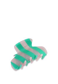 Fermaglio per capelli in plastica con design a strisce verdi e rosa, forma curva e sei denti per una presa sicura. Texture liscia.