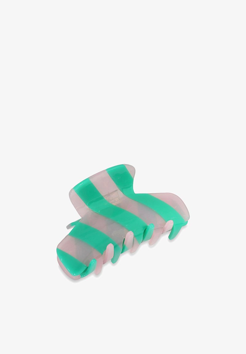 Plastic haarspeld met een groen en roze gestreept ontwerp, gebogen vorm en zes grip tanden voor een veilige grip. Gladde textuur.