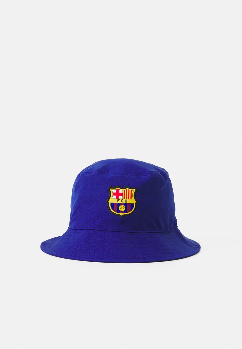 Blue bucket hat made of fabric featuring an embroidered FC Barcelona logo on the front. Soft texture, wide brim, and rounded crown.