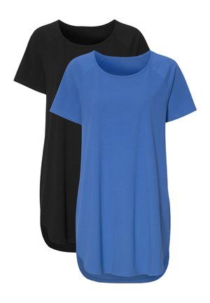 Twee T-shirts met korte mouwen in zwart en blauw, gemaakt van zachte stof met ronde halslijnen en een comfortabele pasvorm. Gebogen zoomontwerp aan de onderkant.