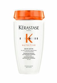 White plastic bottle with an orange flip-top lid, labeled "Kérastase Nutritive Bain Satin" in black and orange text, 250 ml capacity.
