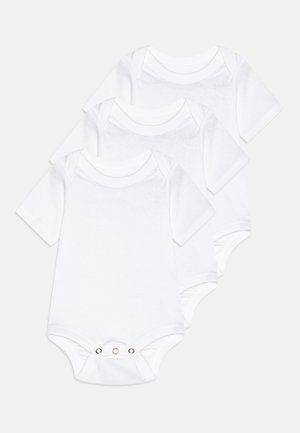 Hvite bomullsbodysuits med korte ermer, med trykknapper nederst, vist i en stablet oppstilling.