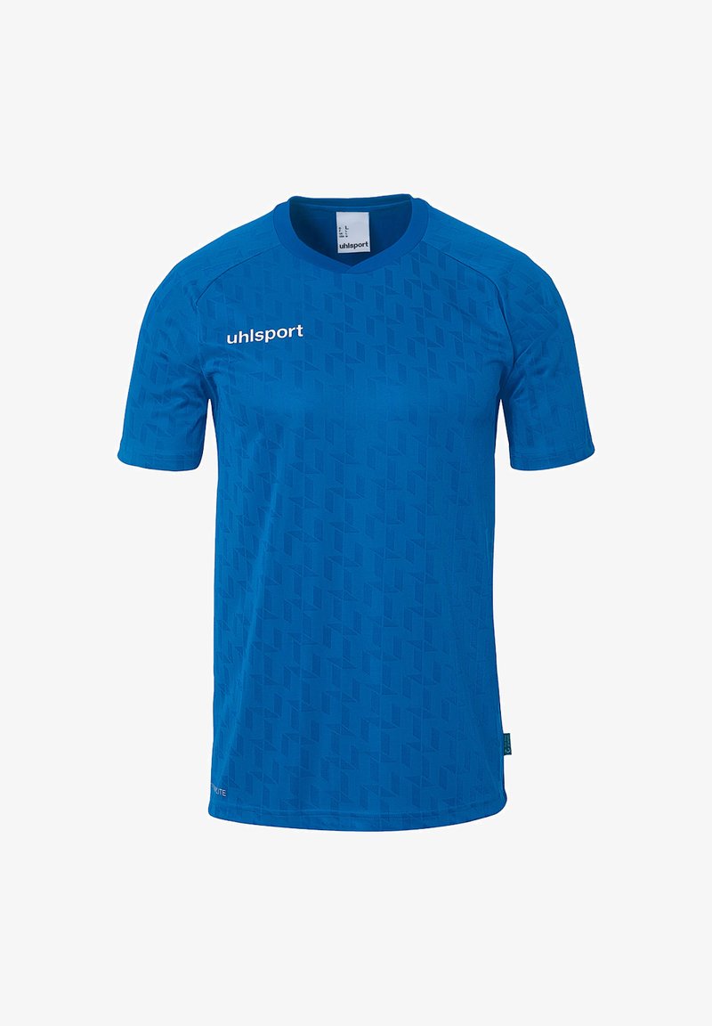 Blå atletisk skjorte lavet af letvægtsstof, med et struktureret mønster, korte ærmer og en v-hals design. Brandlogo i hvid.