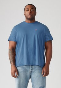 Blue cotton t-shirt featuring a round neckline and short sleeves, with a small red Levi's logo on the chest, paired with light blue jeans.