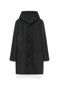 Donkergrijze wollen jas met capuchon, voorzien van sluitingen met toggles, twee voorzakken en een rechte pasvorm. Glad textuur.