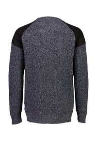 Tumma harmaa neulepaita, jossa on teksturoitu neulekuvio, mustilla raglan-hihdoilla. Rypistyneet hihansuut ja helma, puhdas takanäkymä.