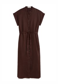 Tumši brūna, īsroku midi kleita ar pogām, stāvus apkakli un atbilstoša auduma jostu, kas sasieta viduklī.