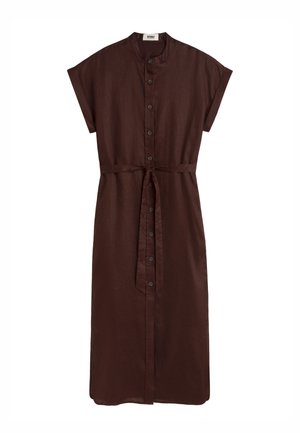 Donkerbruine midi-jurk met korte mouwen, knoopsluiting, opstaand kraagje en bijpassende stoffen riem gestrikt in de taille.