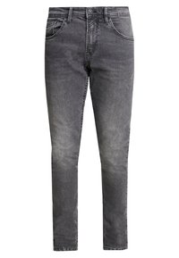 Jeans de mezclilla gris de corte ajustado, con cinco bolsillos, cremallera y una textura descolorida con ligero desgaste en las piernas.