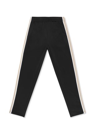 Schwarze Sporthose mit beigen und weißen Seitenstreifen und elastischem Bund, flach auf einem weißen Hintergrund ausgelegt.