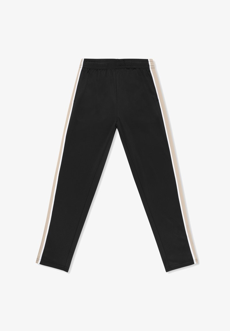 Pantalon de sport noir avec des bandes latérales beige et blanche et une taille élastique, étalé à plat sur un fond blanc.