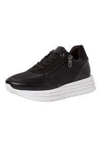 Must musta sneaker valge kummipohjaga, millel on nöörid ja külgedel tõmblukk. Sile tekstuur ja voolujoonekas disain.