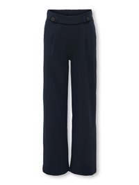 Pantalon large bleu marine avec une taille élastique et deux boutons noirs à l'avant.