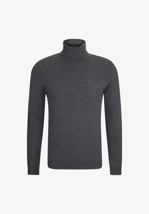 Pull en col roulé gris à manches longues, au design ajusté et à ourlet côtelé, associé à un pantalon noir fuselé et à des chaussures noires.