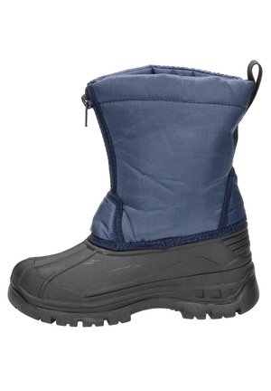 Botte d'hiver isolante bleue avec semelle et embout en caoutchouc noir, zipper latéral et languette à l'arrière.