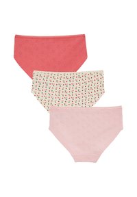 Három női alsónemű pár: egy korall színű szívmintákkal, egy krém színű apró piros virágmintával, és egy világos rózsaszínű szív textúrákkal.