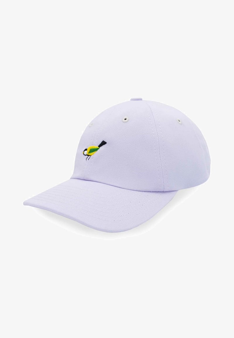 Jasnofioletowa czapka baseballowa wykonana z bawełny, z lekko zakrzywionym daszkiem, z małym haftowanym wzorem ptaka w żółtym i czarnym kolorze z przodu.