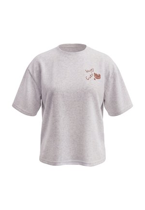 Lichtgrijs T-shirt met korte mouwen, ""Happy Cute"" en een kleine bruine lachende beergrafiek op het linkerborstgedeelte.